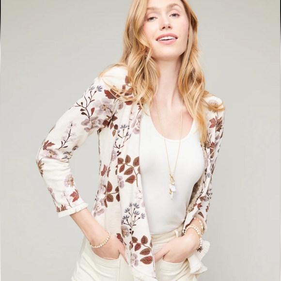 Spartina 449 Sweaters - Spartina 449 Clara Convertible Cardigan Fringe Cotton Floral Vine Seashell